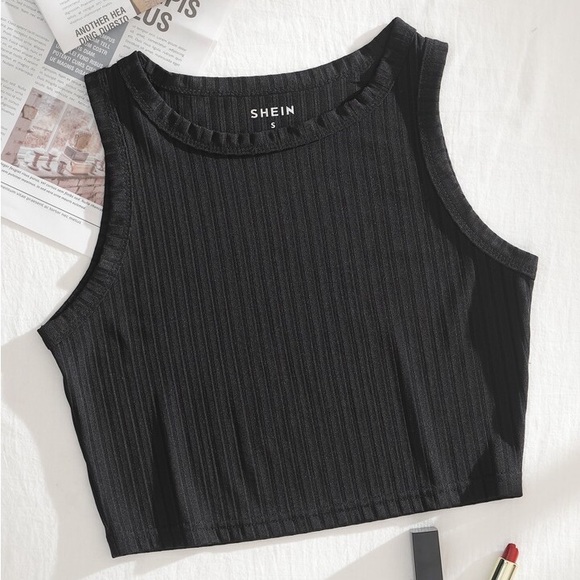 SHEIN Tops - Shein Black Rib Knit Cropped Tank Top